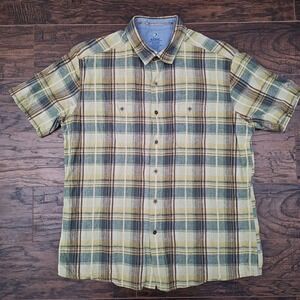 Kuhl Mens XL Green‎ Brown Plaid Short Sleeve Button Up Linen Blend Shirt Outdoor
